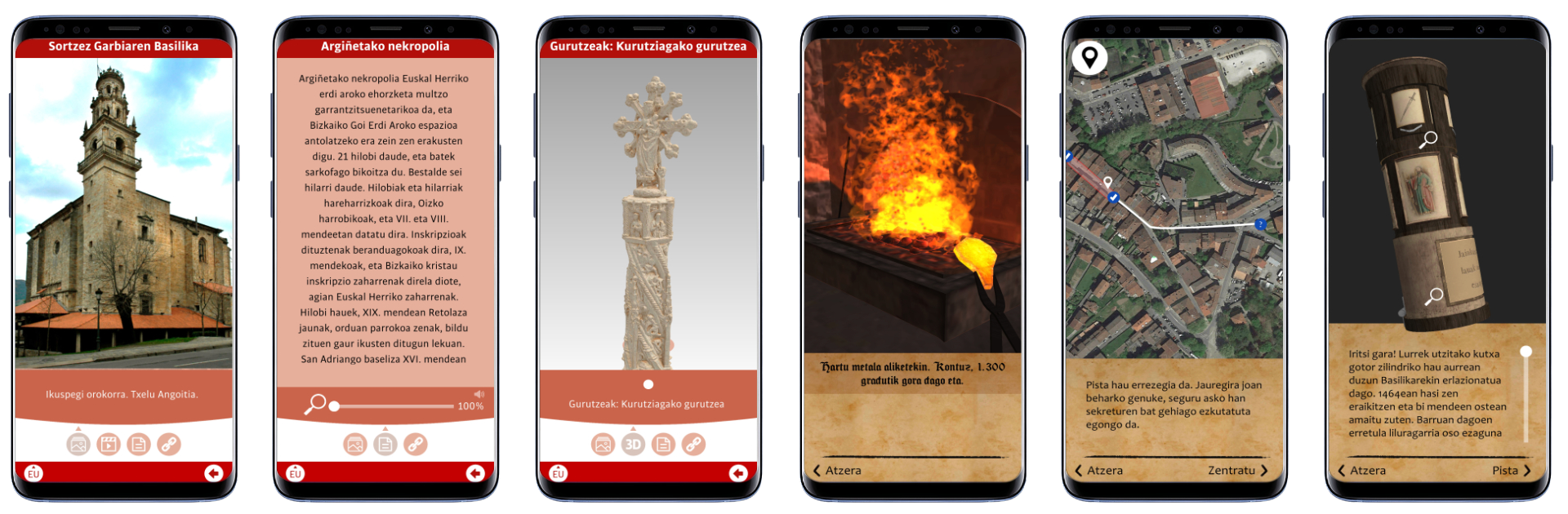 Screens from the Elorrio virtual guide featuring monuments, 3D reconstructions, games and GPS routes.