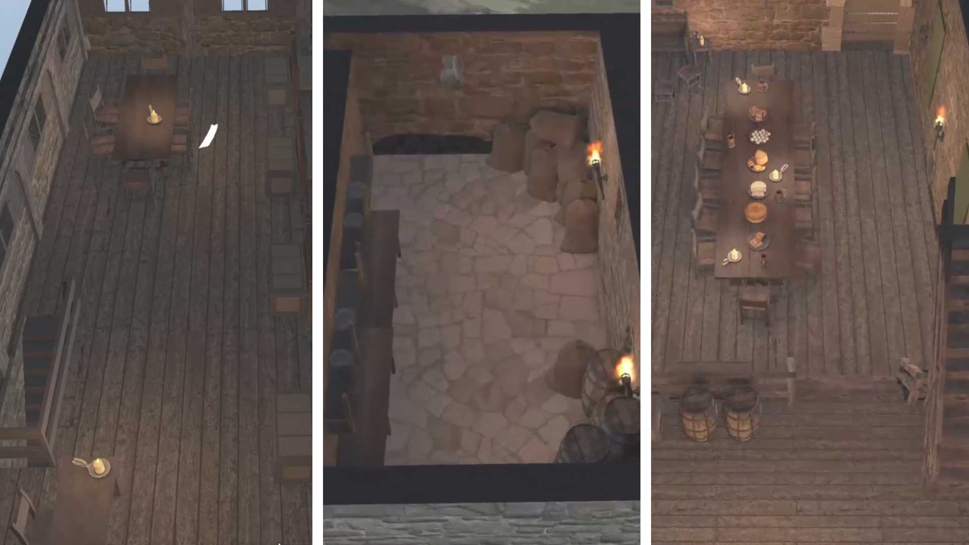 Three overhead views of the 3D reconstruction of the medieval interior of Etxaburu Tower House.