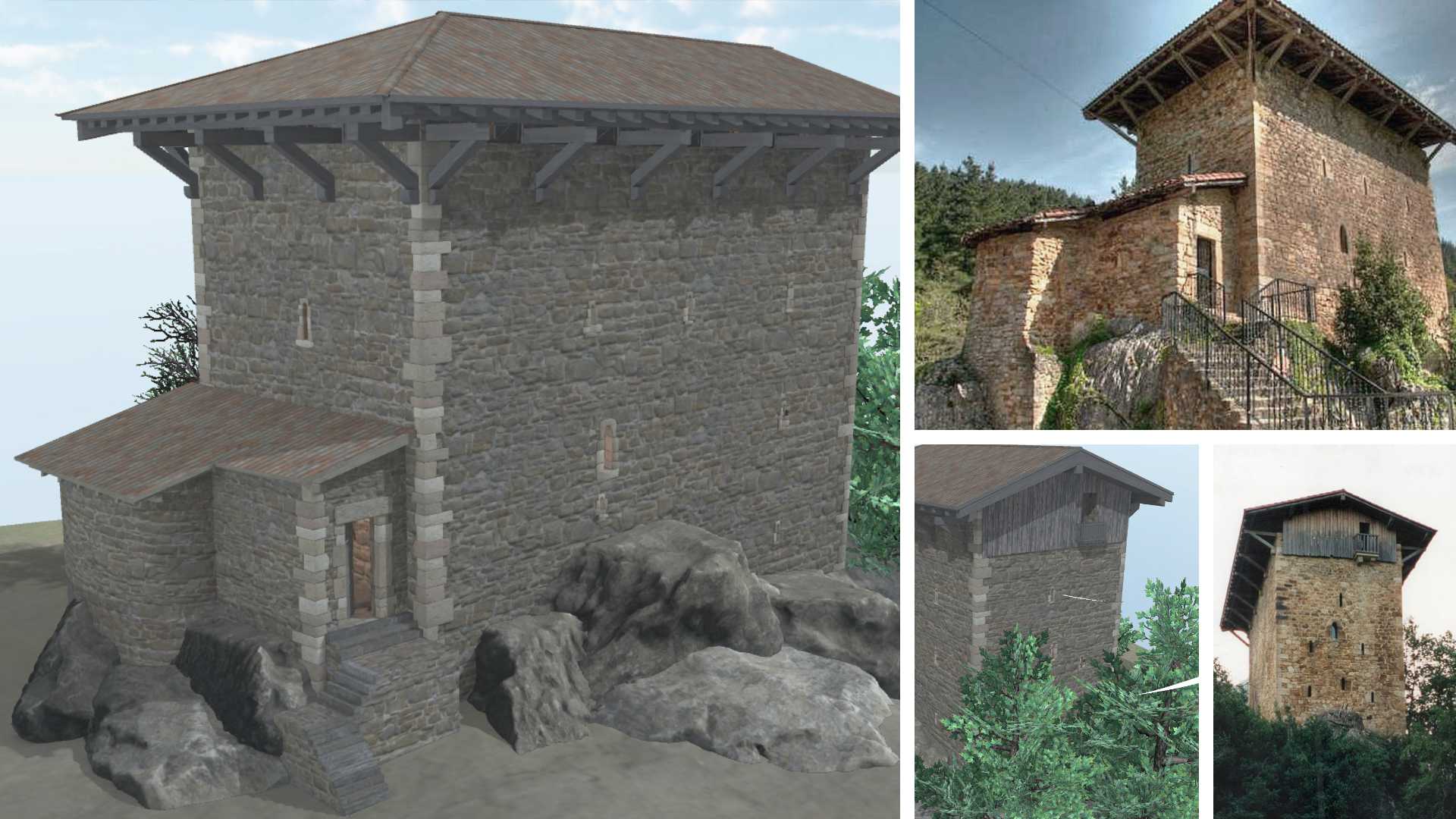 Comparison of the 3D reconstruction of Etxaburu Tower House with photographs of the real building.