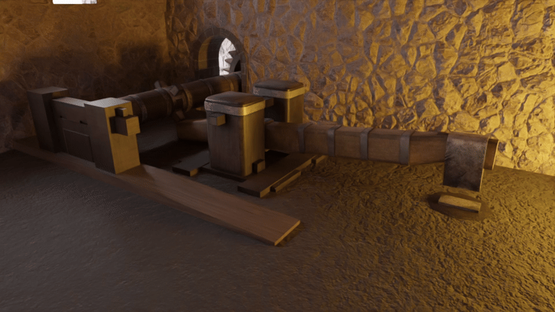 Animated 3D reconstruction of the bellows machinery in an 18th-century ironworks.