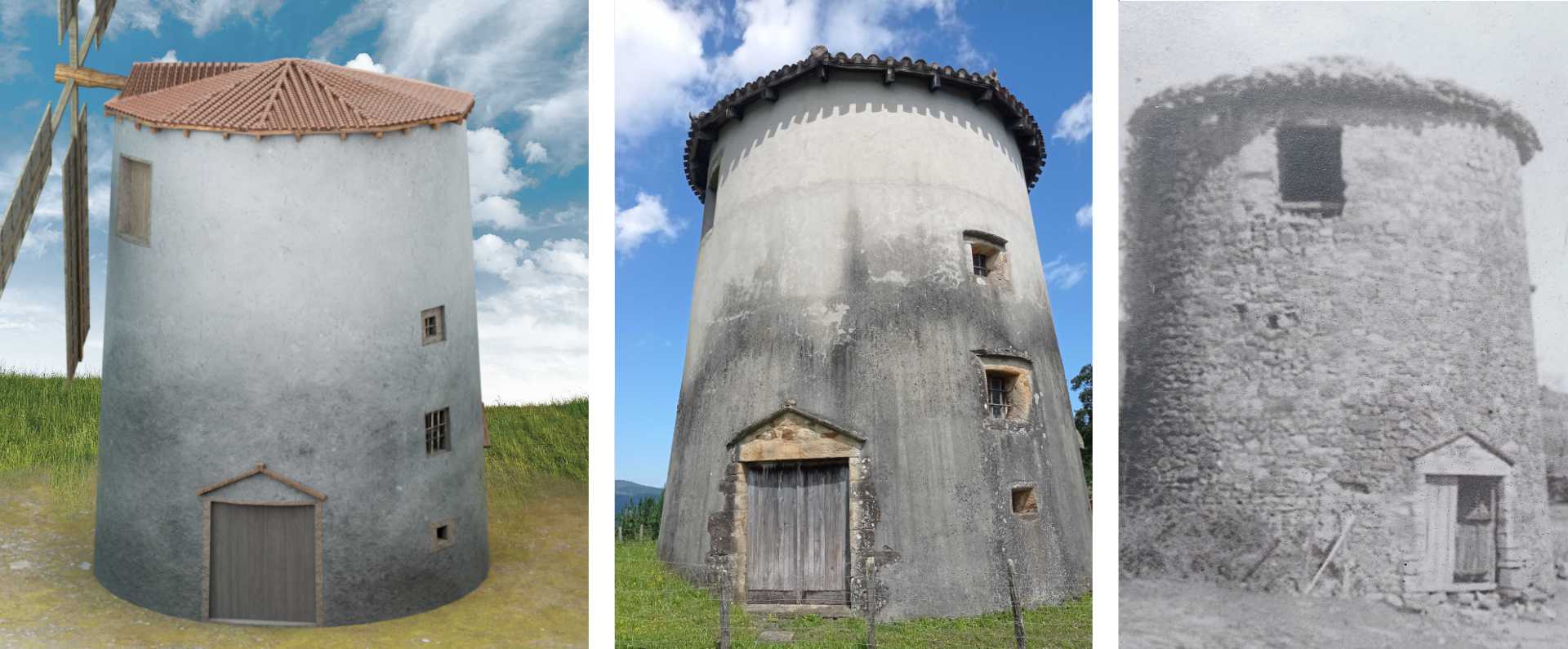 Comparison of the 3D reconstruction of Larringan windmill with a current photograph and a historical image.