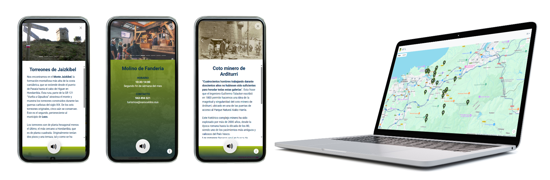 Cicerone application displayed on three smartphones and a laptop with tourism content and an interactive map.