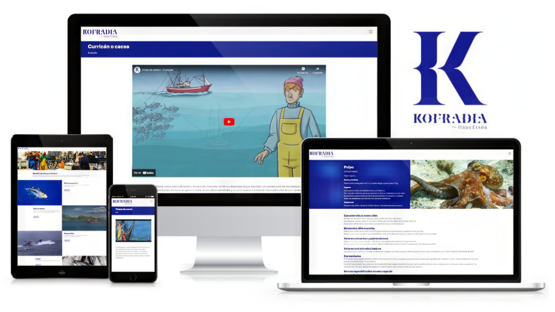 Kofradia-Itsas Etxea multi-platform website displayed on a desktop computer, laptop, tablet and smartphone.