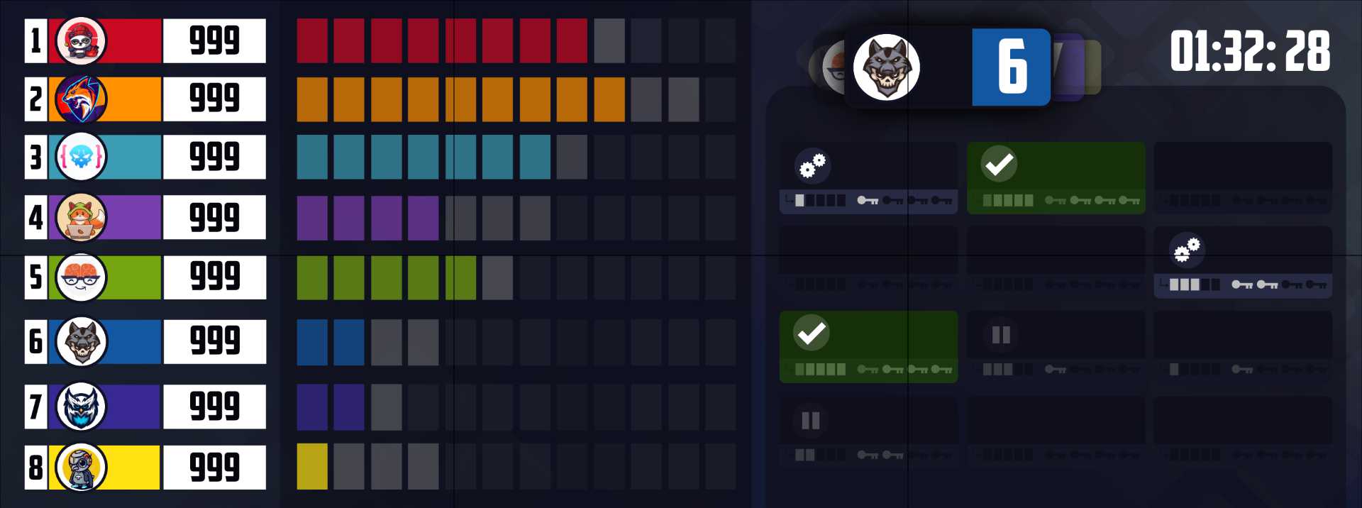 Cyber Range interface expanded to eight teams with activity and defence indicators.